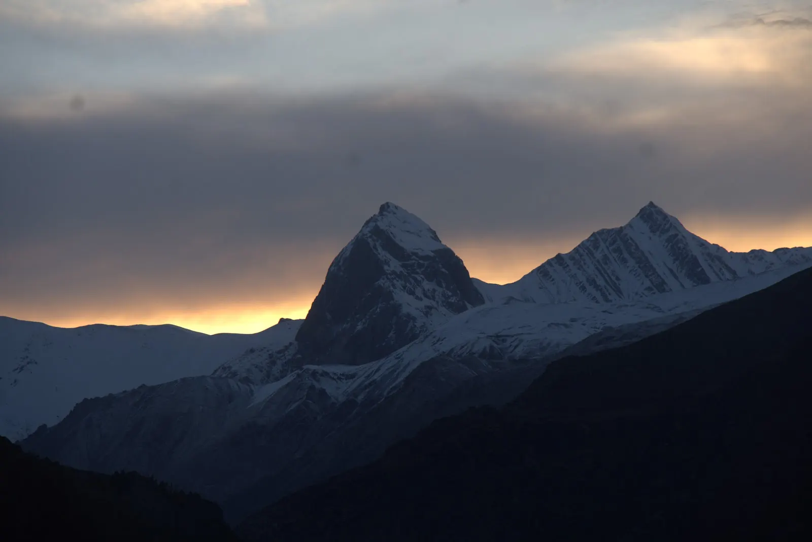 Himalayan peaks in silhouette at the last light of day